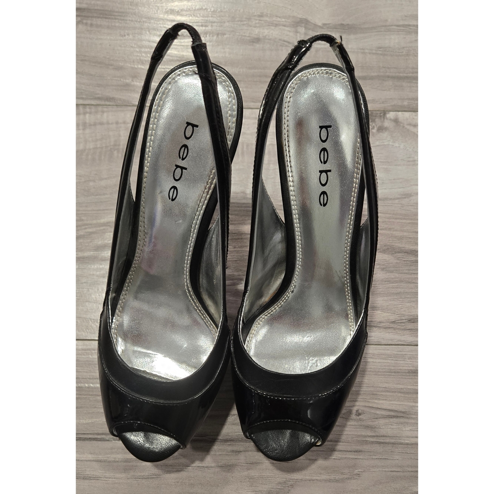 Bebe Black Peep-Toe Slingback Heels